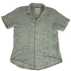 OAS Galbanum Cuba Crochet Camp Shirt Mens Large Sage Green Knit Button Down